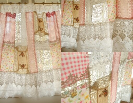 SHABBY Chic Pink White Cottage Rustic Lace Doily Fringed Curtain