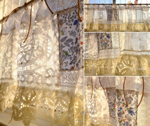 SHABBY BOHO Country Chic Cottage Rustic Farmhouse Lace Doily Fringed Curtain