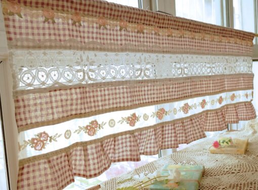 Gingham French Country Cottage Rustic Doily Lace Curtain Valance Banner Backdrop Banner