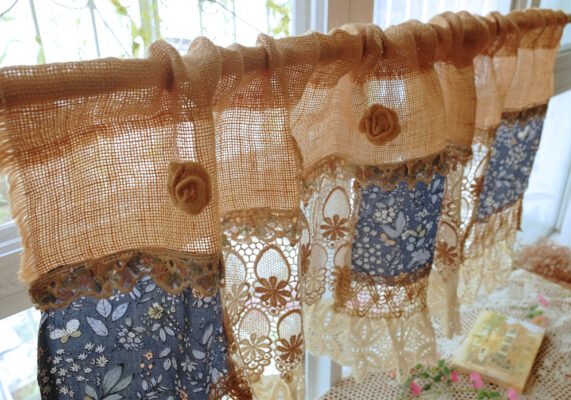 BOHO Country SHABBY Cottage Rustic Farmhouse Burlap Curtain Vintage Lace Fringed Curtain Wall Hanging/Valance/Backdrop