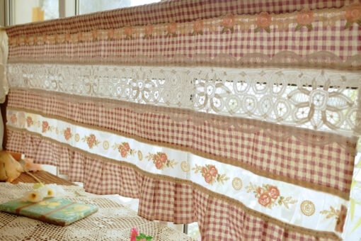 Gingham French Country Cottage Rustic Doily Lace Curtain Valance Banner Backdrop Banner